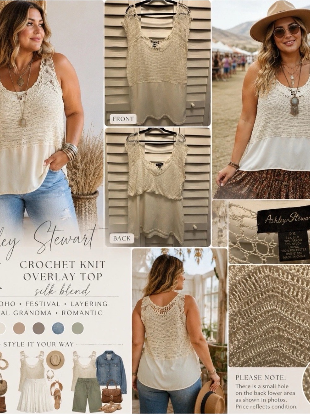 Ashley Stewart Crochet Knit Blouse 2X Ivory Y2K Boho Festival Silk Blend Overlay